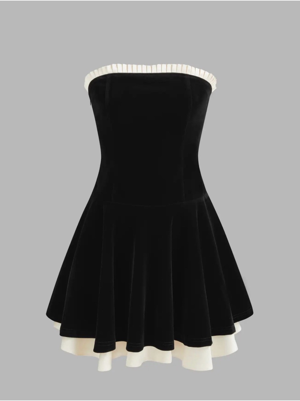 Cider Strapless Black Velvet Fit-and-Flare Dress with Ivory Trim